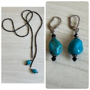 Handmade black onyx and turquoise beaded lariat necklace and drop earrings